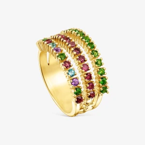 Potrójny Pierścionek Tous Straight Wykonany Ze Srebra Vermeil Z Kamieniami Szlachetnymi - Tous