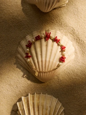 Pozłacana bransoletka z perłami i czerwonymi koralikami TARANKO