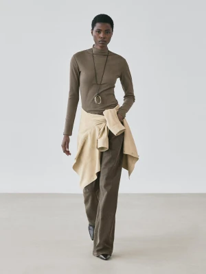 Prążkowana Bawełniana Koszulka Z Długim Rękawem - Mokka - - Massimo Dutti - Kobieta