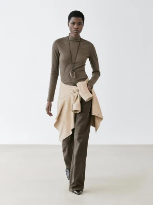 Prążkowana Bawełniana Koszulka Z Długim Rękawem - Mokka - - Massimo Dutti - Kobieta