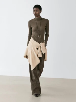 Prążkowana Bawełniana Koszulka Z Długim Rękawem - Mokka - - Massimo Dutti - Kobieta