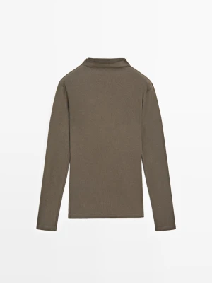 Prążkowana Bawełniana Koszulka Z Długim Rękawem - Mokka - - Massimo Dutti - Kobieta