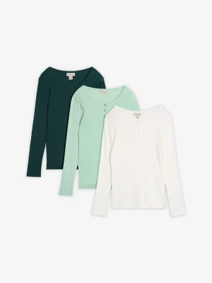 Prążkowana bluzka z dekoltem henley z czystej bawełny organicznej (3 szt. w zestawie) BonPrix zielony