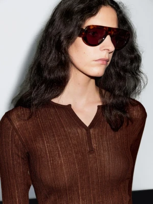 Prążkowana Koszulka Z Długim Rękawem - Winny - - Massimo Dutti - Kobieta