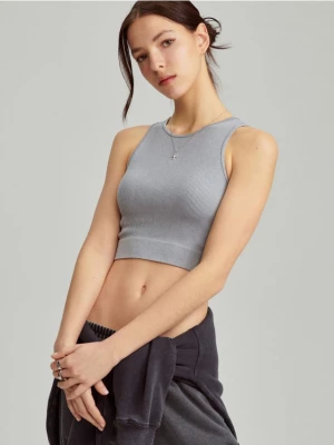 Prążkowany crop top seamless z okrągłym dekoltem jasnoszary House