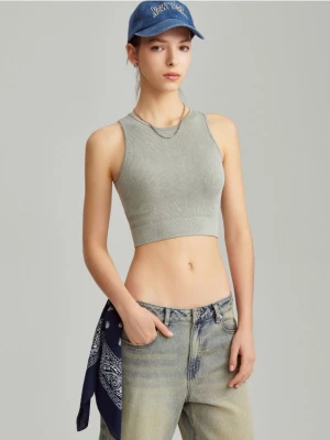 Prążkowany crop top seamless z okrągłym dekoltem jasnozielony House