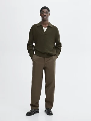 Prążkowany Dzianinowy Sweter Ze 100% Bawełny - Ciemny Khaki - - Massimo Dutti - Mężczyzna