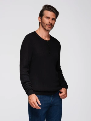 Prążkowany sweter męski z guzikami przy dekolcie - czarny V2 - Rozmiar: XXL Ombre Clothing