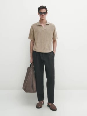 Prążkowany Sweter Polo Z Krótkim Rękawem - Beżowy - - Massimo Dutti - Mężczyzna