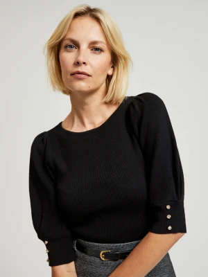 Prążkowany sweter z bufiastymi rękawami czarny Moodo