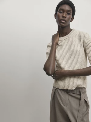 Prążkowany Sweter Z Dzianiny Z Krótkim Rękawem - Beżowy Pop - - Massimo Dutti - Kobieta