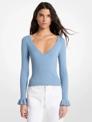 Prążkowany sweter z mieszanki wełny z dekoltem w szpic Michael Kors CHAMBRAY (Niebieski)