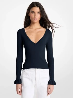 Prążkowany sweter z mieszanki wełny z dekoltem w szpic MICHAEL Michael Kors