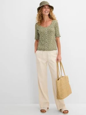 Prążkowany T-shirt z kwiatowym nadrukiem, półdługie rękawy bonprix