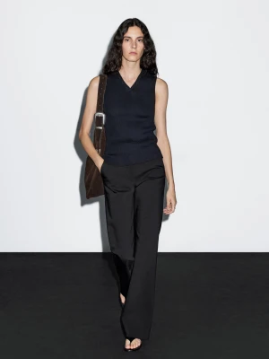 Prążkowany Top Z Kołnierzykiem - Granatowy - - Massimo Dutti - Kobieta