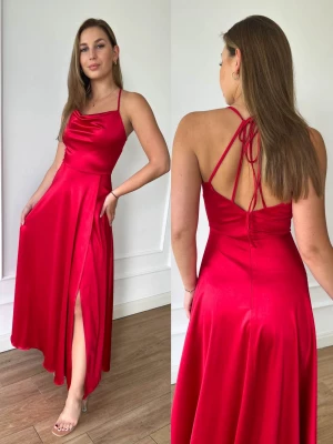 Satynowa czerwona sukienka elegancka Princess maxi PERFE
