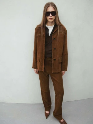 Prosta marynarka zamszowa z przeszyciem tabaczkowy brąz - Kobieta - - MANGO