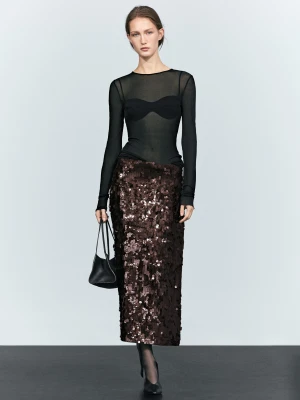 Prosta Spódnica Midi - Cekiny - Brązowy - Massimo Dutti - Female