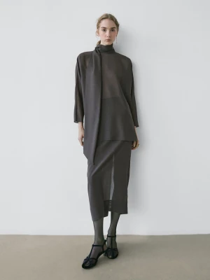 Prosta Spódnica Midi Z Prześwitującymi Elementami - Studio - Szary - - Massimo Dutti - Kobieta