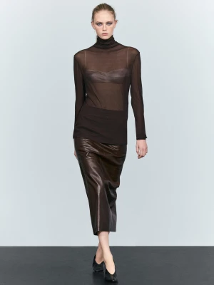 Prosta Spódnica Midi Z Przeszyciami Ze Skóry Nappa - Czekoladowy - Massimo Dutti - Female