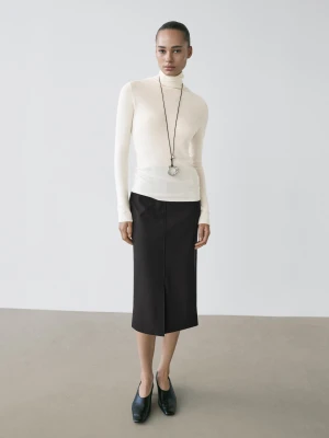 Prosta Spódnica Średniej Długości Z Mieszanki Wełny Z Rozcięciem - Czarny - - Massimo Dutti - Kobieta