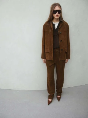 Proste skórzane spodnie tabaczkowy brąz - Kobieta - - MANGO