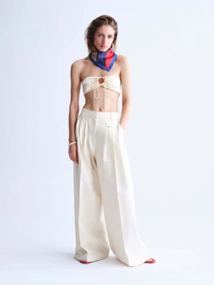 Proste spodnie bawełniane z plisami kremowy / écru - Kobieta - - MANGO