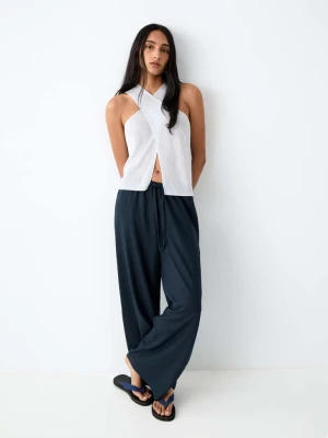 Proste spodnie z lnianej tkaniny granatowy - Dziewczyna - - MANGO TEEN