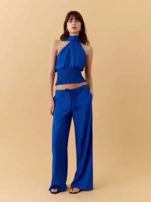 Proste spodnie z mieszanki lnu electric blue - Dziewczyna - - MANGO TEEN