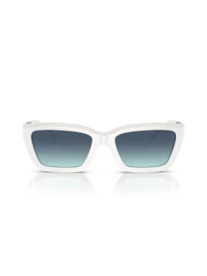 Prostokątne Okulary Przeciwsłoneczne Cat-Eye z Fasetowanym Białym Przodem i Niebieskimi Szkłami Ombre Tiffany