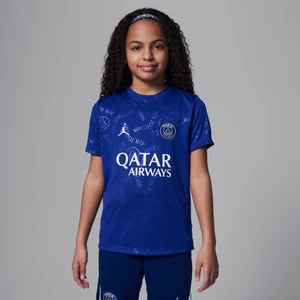 Przedmeczowa koszulka piłkarska z krótkim rękawem dla dużych dzieci Jordan Dri-FIT Paris Saint-Germain Academy Pro (wersja czwarta) - Niebieski