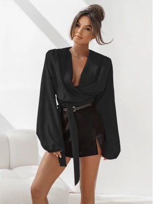 Przekładana bluzka z wiązaniem JACINTA - czarna  magmac 