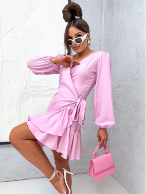 Przekładana sukienka z falbaną NALINA - pudrowy róż  magmac 