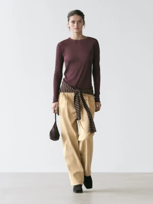 Prześwitująca Koszulka Z 100% Bawełny Z Ozdobnym Dekoltem - Bordowy - - Massimo Dutti - Kobieta