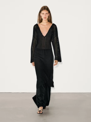Prześwitująca Sukienka Z Prążkowanej Dzianiny Z Wiązaniami - Czarny - - Massimo Dutti - Kobieta