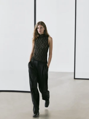 Prześwitujący Top Koronkowy - Czarny - - Massimo Dutti - Kobieta