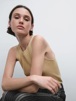 Prześwitujący Top Z Okrągłym Dekoltem - Oliwkowy - - Massimo Dutti - Kobieta