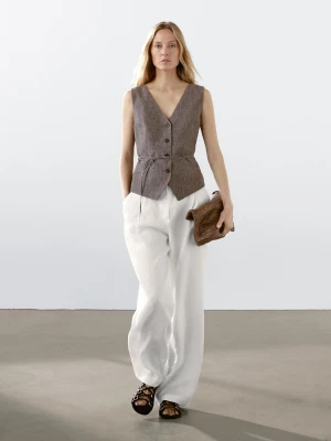 Przetykana Kamizelka Z Lnu Z Wiązaniem - Szarobrązowy - - Massimo Dutti - Kobieta
