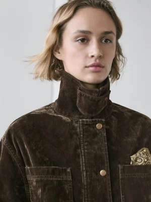 Przetykana Kurtka Jeansowa Z Ozdobnym Kołnierzykiem - Khaki - - Massimo Dutti - Kobieta