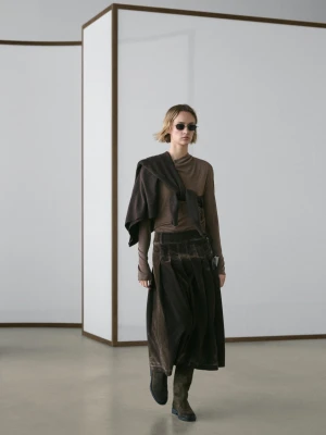 Przetykana Spódnica Średniej Długości Z Denimu Z Zakładkami - Khaki - - Massimo Dutti - Kobieta