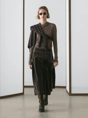 Przetykana Spódnica Średniej Długości Z Denimu Z Zakładkami - Khaki - - Massimo Dutti - Kobieta