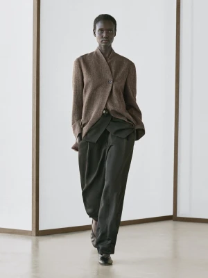 Przetykany Płaszcz Z Mieszanki Wełny Z Wysokim Kołnierzem - Brązowy - - Massimo Dutti - Kobieta