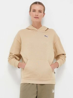 Puma bluza bawełniana BETTER ESSENTIALS damska kolor beżowy z kapturem gładka 675988