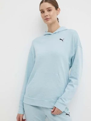 Puma bluza bawełniana BETTER ESSENTIALS damska kolor niebieski z kapturem gładka 675988