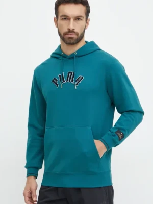 Zdjęcie produktu Puma bluza bawełniana Classics Play Paris Hoodie męska kolor turkusowy z kapturem z aplikacją 626766