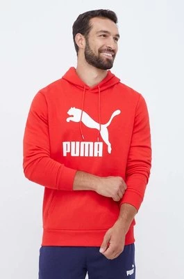Puma bluza bawełniana męska kolor czerwony z kapturem z nadrukiem