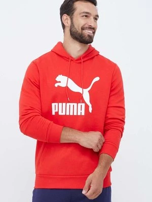 Puma bluza bawełniana męska kolor czerwony z kapturem z nadrukiem