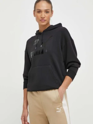 Puma bluza CLASSICS Shiny Logo Hoodie damska kolor czarny z kapturem z nadrukiem 625595