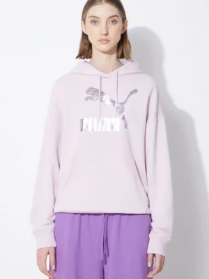 Puma bluza CLASSICS Shiny Logo Hoodie damska kolor fioletowy z kapturem z nadrukiem 625595