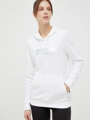 Puma bluza dresowa kolor biały z kapturem z nadrukiem 849096